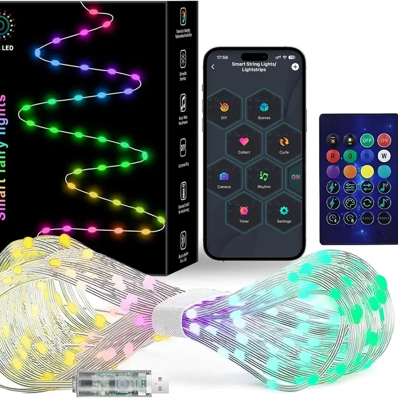 Car Decor Smart WiFi Fairy LED Lights - 66ft Model Christmas Wishlist Hanging Lights, USB-Solar Powered, 200 RGB Music Sync, 12 Modes, Rainbow & Warm White Color-Shift Effects, Remote & App Control for Christmas Party
