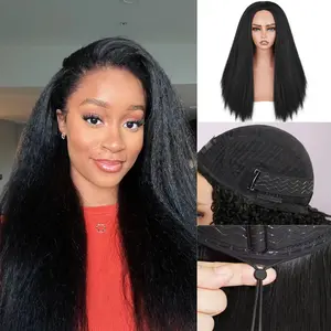 Yaki Straight Half Wig 3 In 1 Drawstring Seamless Kinky Straight Half Wigs for Black Women Glueless Clip-In & Flip-Over Synthetic Wig