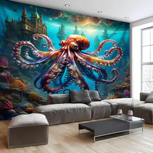 Great Octopus Underwater Castle Tapestry Wall Mural - Vivid Peach Light Beige Fabric Wall Hanging for Bedroom, Office or Living Room Decor, Includes Free Accessories, Interior Use, Horizontal Design