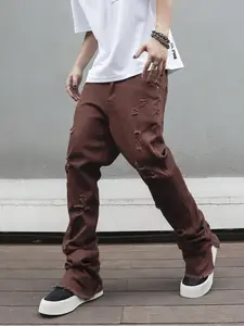 Men's Brown Street-Style Streetwear Ripped Flared Denim Jeans with Frayed Hem, Slim-Fit Flare Design Fits All Body Types, Perfect for Daily Wear & Casual Activities