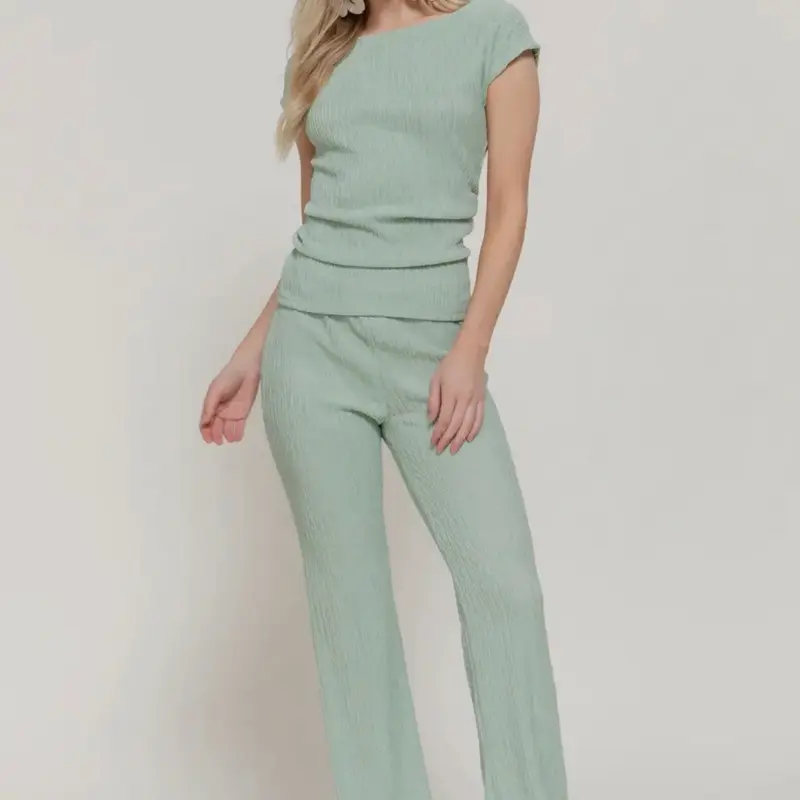 Active Basic : Short Dolman Sleeve Top & Flare Long Pants Wavy Crinkle Set - Sage Womenswear