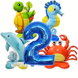 5-piece ocean-themed animal foil balloon set: Includes adorable marine creature balloons—crab, seahorse, dolphin, and turtle—perfect for underwater-themed events, children’s birthday decorations, and aquarium anniversary celebrations.
