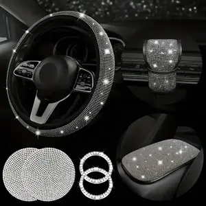 7pcs Set Car Decoration Kit, Artificial Diamond Steering Wheel Cover, Center Console & Gear Shift Covers, Ignition Ring, Car Coasters