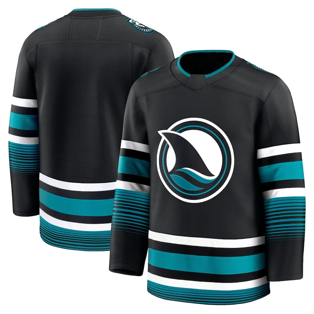 Retro Black Ice Hockey Jersey Long Sleeve Streetwear Graphic Print Casual Sports Shark Fin Emblem V-Neck Oversized Sweater Men Women Activewear Unisex Breathable Game Day Uniform