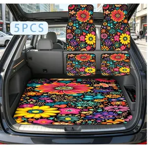1 Set of 5pcs Car Floor Mat Set and Trunk Mat Vibrant Floral Patterns A Burst of Colorful Blooms and Whimsical Designs on Black Suitable for SUVs and Trucks   Heavy-duty Protection Best Choice