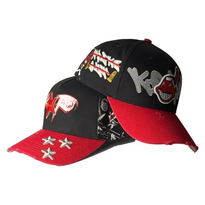 2 Hat Bundle - Save $10 - Black and Red Caps with Unique Designs and Stars