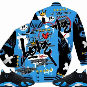 14 University Blue Outfits, Black University Blue 14s Varsity Jacket, Happy Love Beats Graffiti Streetwear Unisex Sneaker Matching Shirts