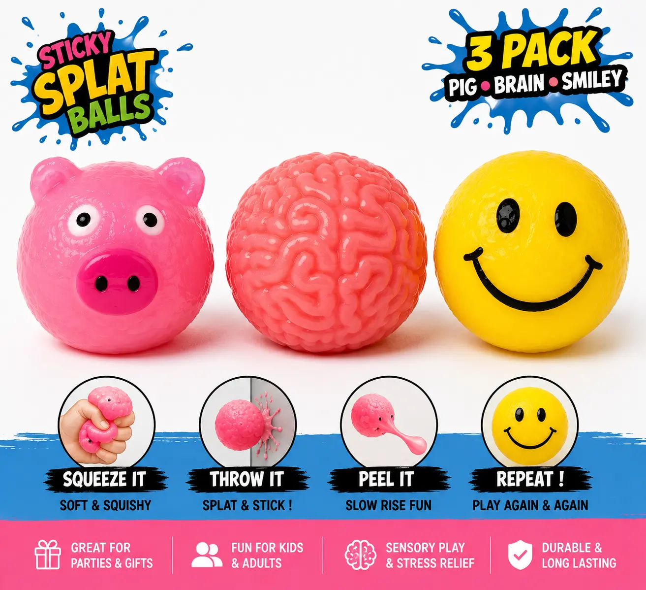 Pig, Brain & Smiley Sticky Splat Ball 3-Pack