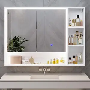 Modern Adjustable Mirror Cabinets, Lighted Aluminum Channel LED Medicine Cabinet with Mirror, Shelves and Open Bathroom Storage