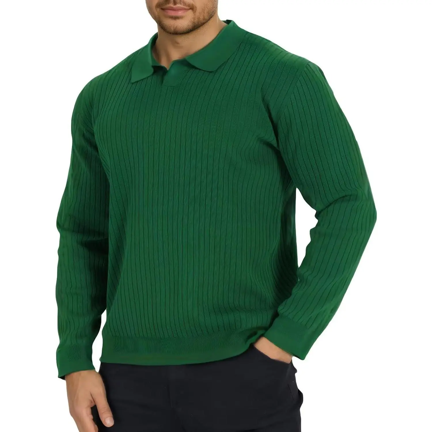 Mens Long Sleeve Knit Polo Shirt Lightweight Ribbed Polos Sweater Fall Winter Thermal Pullover Shirts with Collar