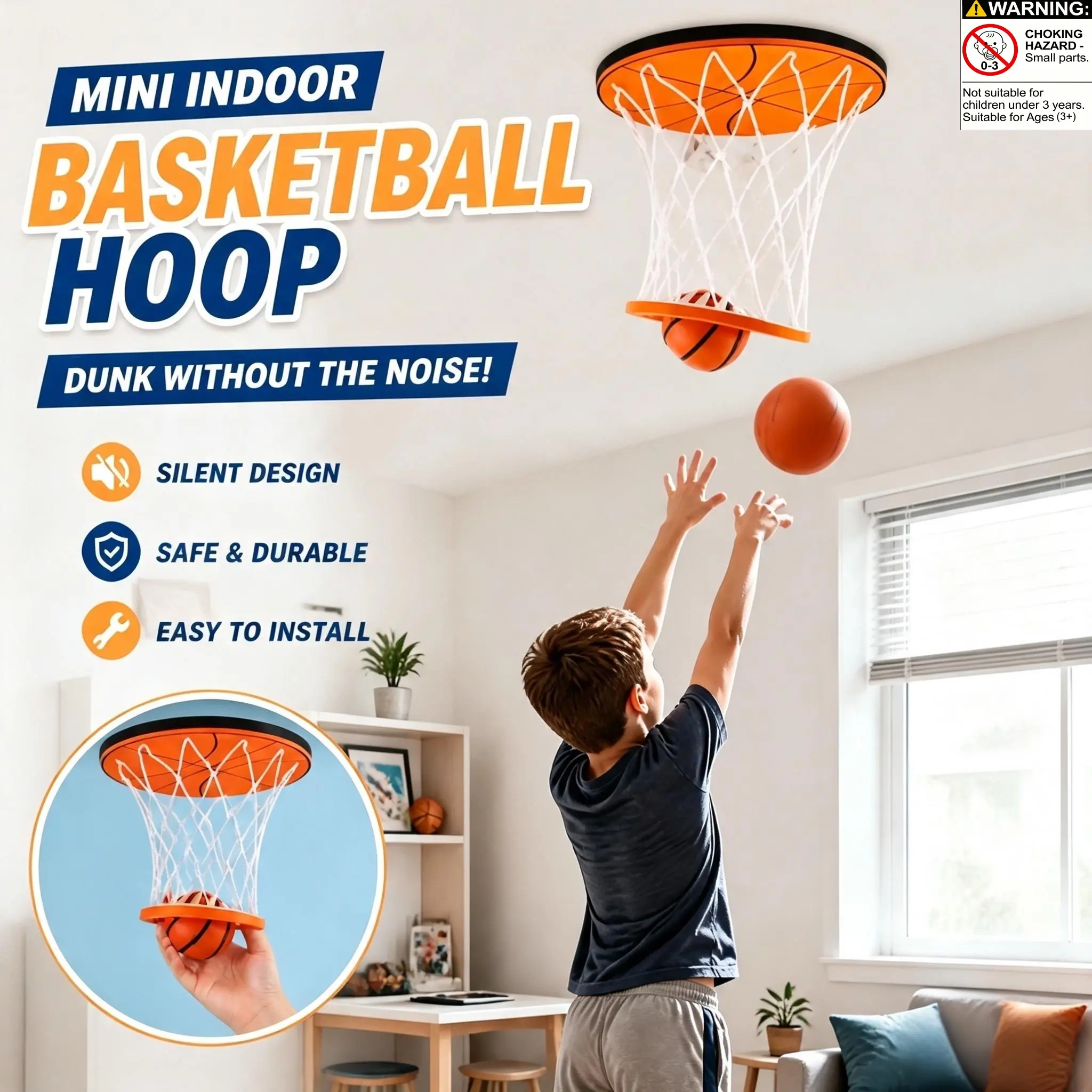 Ceiling SWISH Hanging Indoor Basketball Hoop for Boys 4-12 Authentic Game Set Birthday & Christmas Gifts Foam Easy Setup
