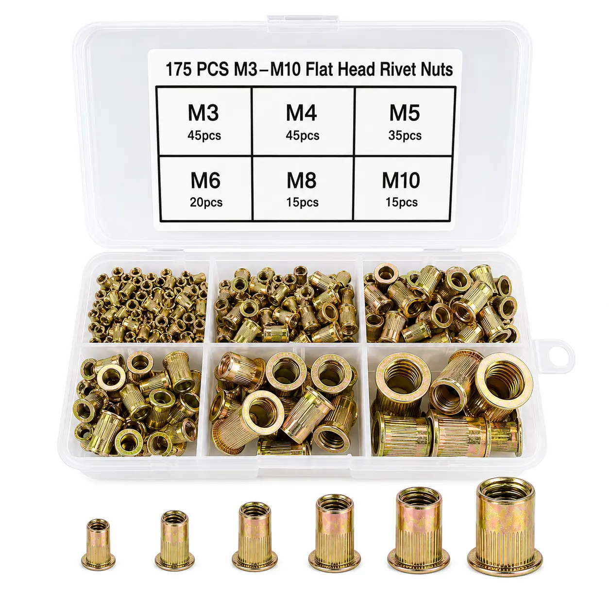 175pcs Rivet Nut Kit, Carbon Steel Zinc-Plated M3-M10 Slotted Flat Head Threaded Inserts, Full Thread, Heavy-Duty Blind Rivet Nuts Set for Automotive Repair, Furniture Assembly & Industrial Projects