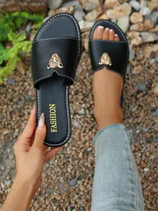 Women's Leopard Head Metal Decor Flat Sandals, Casual Lightweight Summer Beach Shoes, Comfortable Daily Wear Toe-Open Slippers, Footwear