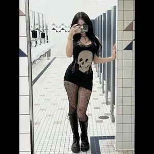 Women’s skull print contrast lace cami dress, Y2K fashion casual sleeveless mini dress with adjustable straps for daily outdoor wear, women’s dress for spring and fall