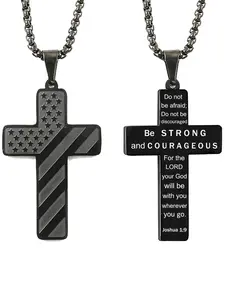 Men's Cross Pendant Necklace, Hip Hop Punk Titanium Steel Jewelry, Trendy All-match Flag & Letter Detail Accessory, Letter Print Cross