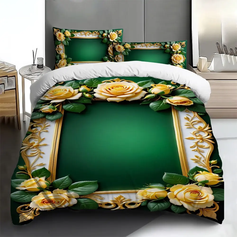 Three-piece bedding set - 2pcs/3pcs 2D Flat Spring Yellow Rose Gold Pattern Duvet Cover Set (1 duvet cover + 1/2 pillowcases, no insert), multi-color printed bedding set, soft and comfortable, suitable for family bedrooms and guest rooms.