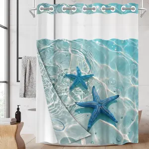 1PC 2D Flat No Hooks Double Layer Shower Curtain, Shower Essentials, Clear Sea Water Blue Starfish Print Waterproof Fabric, Ocean Style Home Decor, Accessories for Hotel, Home Bathroom, Clear Top Window & Detachable Snap-In Liner, Room Divider