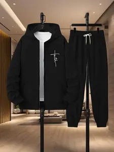 Men's Casual Two-Piece Set Jacket & Drawstring Pants,Letter Print, Long Sleeve, Fitted, All Seasons, ComfortableDaily Wear