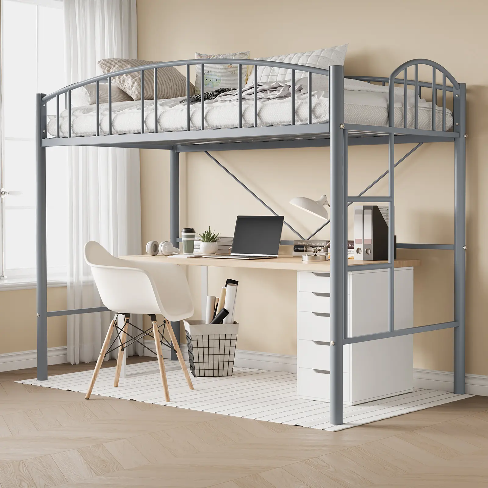 Garvee Heavy Duty Twin Size Metal Loft Bed Frame – Space-Saving Modern Design, Arched Guardrail, Safety Ladder – No Box Spring Required – Ideal for Bedroom, Matte Finish