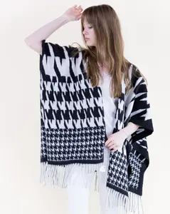Oversized Houndstooth Fringe Shawl Wrap - Bold Black & White Pattern, Soft Acrylic Blend, Relaxed Fit, Long Wrap Length, Perfect for Casual Wear & Office Layering