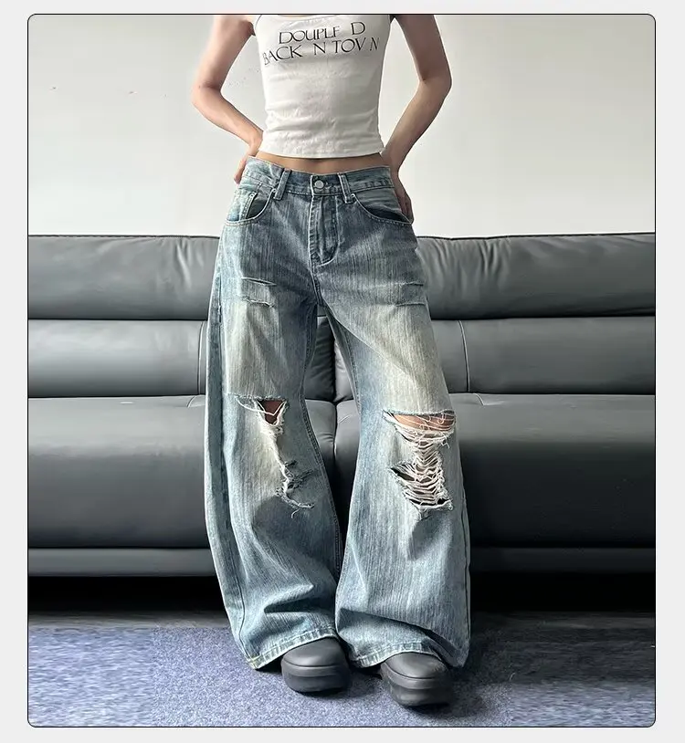 Women's Vintage Chic High-Waist Baggy Ripped Jeans - Streetwear Straight-Leg Distressed Denim Bottoms, Comfortable Loose-Fit Wide-Leg Trousers for Spring & Autumn Wear