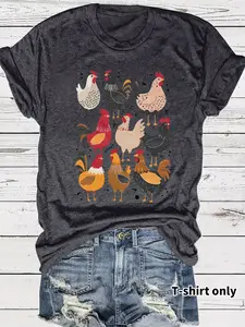 Women's Casual Chicken Pattern Prints T-Shirt, Soft Breathable Fabric, Loose Round Neck, Summer Fashion Top, Womenswear