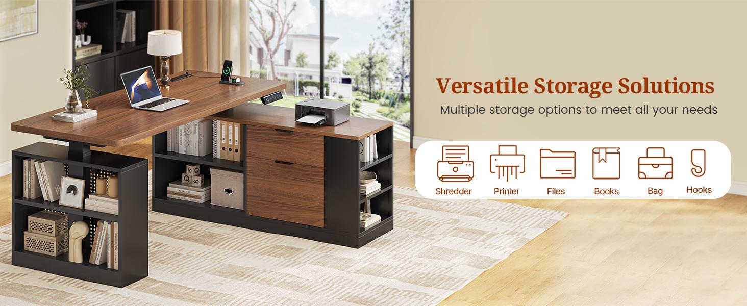 53" Electric Standing Desk with Drawers & Power Outlets, Electric Height Adjustable Executive Desk with File Drawers & Storage Shelves, Sit Stand Corner Computer Desk with Pegboard, 6 Hooks, Home Office Desk, Black & Walnut