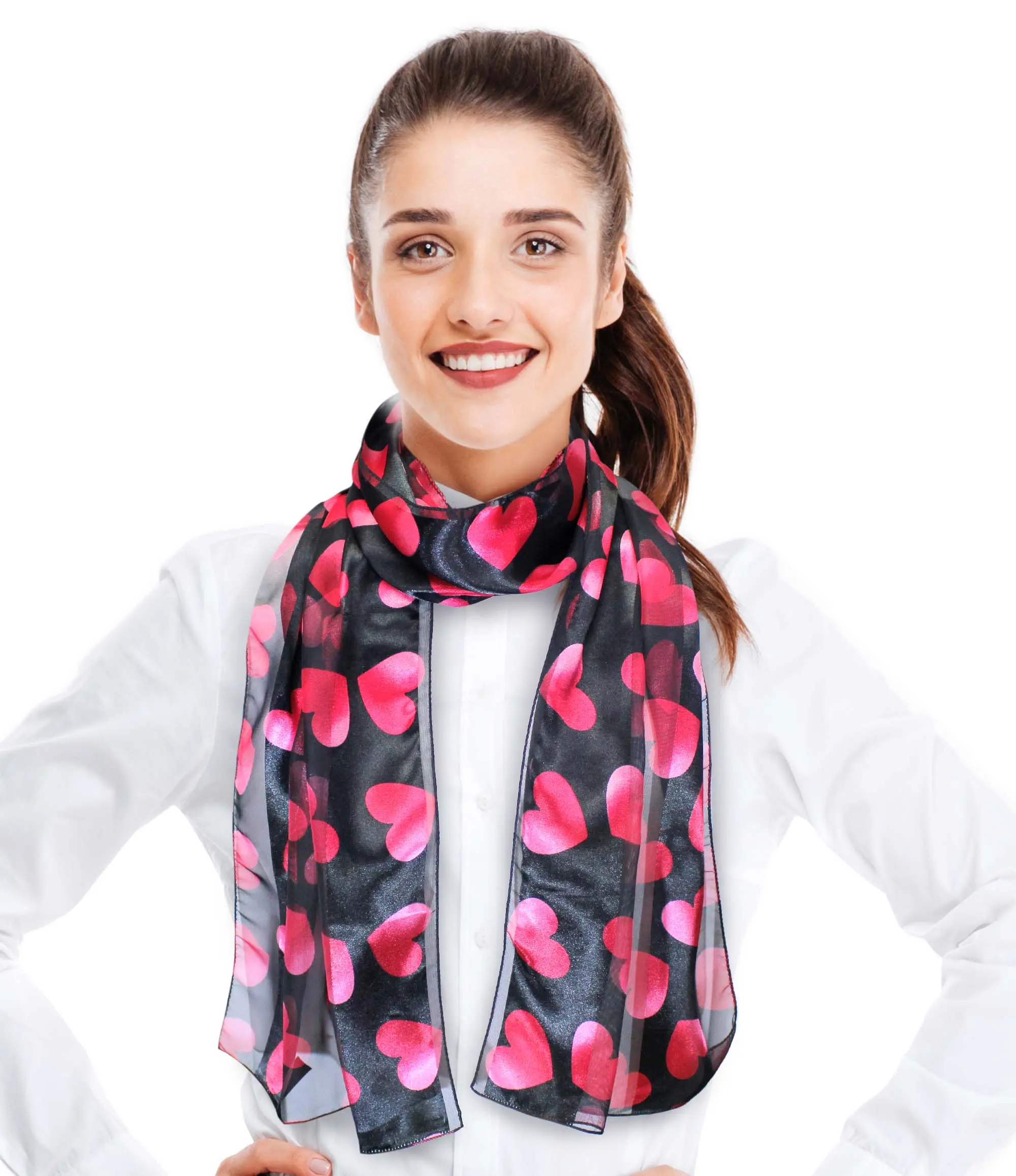 CBC Crown Female Silk-Feel Polyester Scarf, Lightweight Rectangular Heart Print Accessory, for Valentine's Day & All-Season Everyday Use - Black, All Seasons