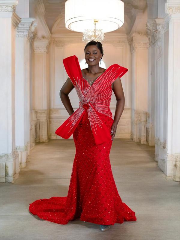 Crimson Sovereign Red Lace Evening Gown | Hand-Embellished Couture Dress | Custom Made Luxury Gala & Red Carpet Gown