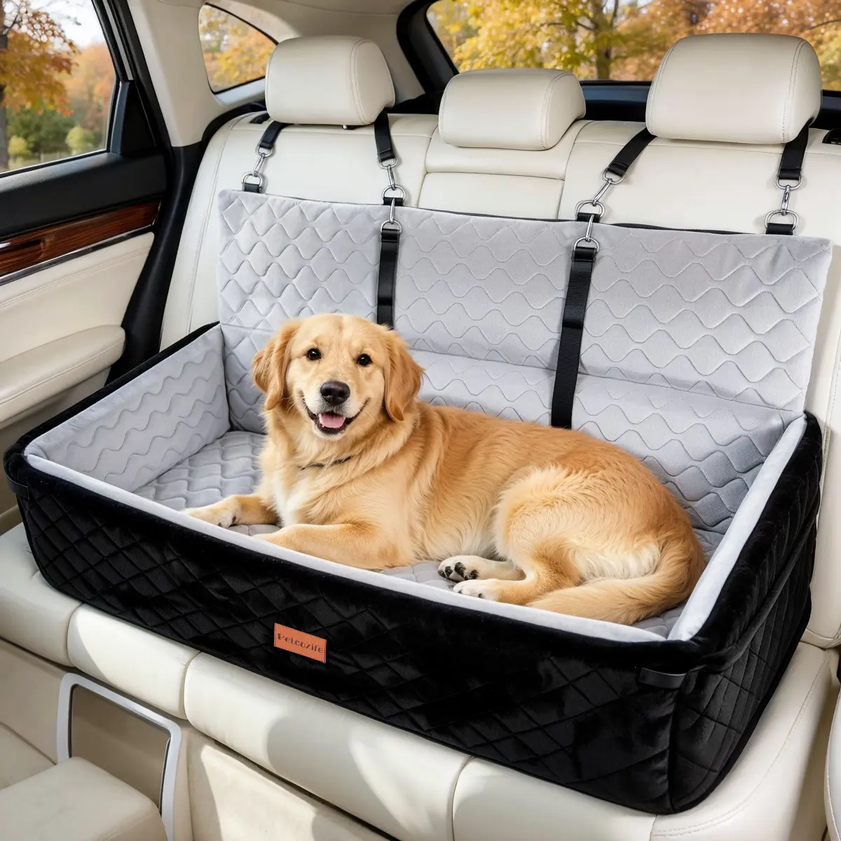 PAWGIANT Extra Large Dog Car Seat, Dog Bed for Large Dogs Up to 120lbs, Multi-Functional Dog Booster Seat with Thick Cushion & Safety Leashes, Detachable & Washable Pet Travel Safety Carrier
