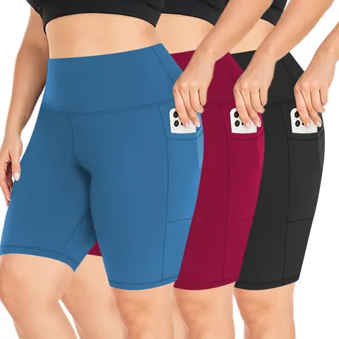 Women's 3-Pack 8" High Waisted Side Pocket Compression Stretch Biker Shorts - 1 Gray+2 Black, Polyester Spandex Blend, Tummy Control, Plus Size Active Clothes, 1XL Athleisure Bottoms, Built for Yoga, Gym, Runs
