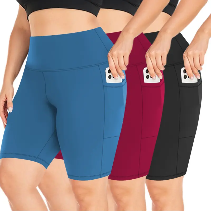 Women's 3-Pack 8" High Waisted Side Pocket Compression Stretch Biker Shorts - 1 Gray+2 Black, Polyester Spandex Blend, Tummy Control, Plus Size Active Clothes, 1XL Athleisure Bottoms, Built for Yoga, Gym, Runs