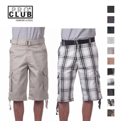 PROCLUB Men's Heavyweight Twill Cargo Shorts PRO CLUB Shorts with Belts 6 Pockets Cargo Shorts Plain Stripes Checker Camo Casual Hip Hop (30" to 64")