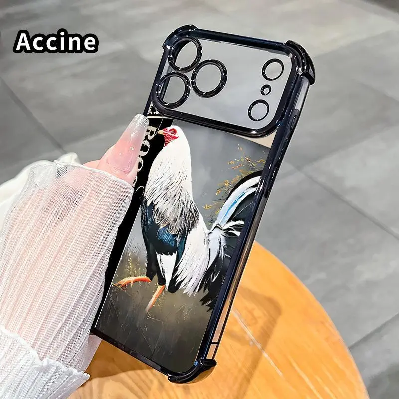 Electroplating Transparent Silicone Phone Case with Rooster's Graceful Stride Pattern - Shockproof Drop-Proof Protection Casing for iPhone 17 Pro Max, 16, 15 Plus, Air, 14, 13, 12, 11, E - Mobile Phone Accessories