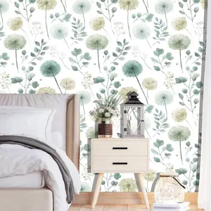 Sage Green Leaf Dandelion Peel and Stick Wallpaper Modern Botanical Eucalyptus Contact Paper Removable Waterproof Self Adhesive Wallpaper for Bedroom Bathroom Cabinets Farmhouse 17.7"x78.7"