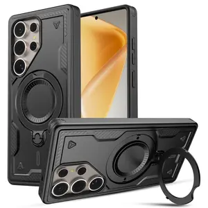 TechGuard Magnetic Phone Holder Case for Samsung Galaxy S25/Plus/Ultra Black TPU Cover with Zinc Alloy Ring & Rotatable Stand for Enhanced Protection