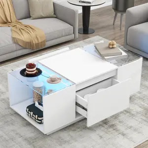 ARCH U-Can Led Coffee Table, Modern Center Table with High-Gloss Finish and Glass Tabletop, Coffee Table with Open Storage Compartment and 2 Hidden Drawers  for Living Room