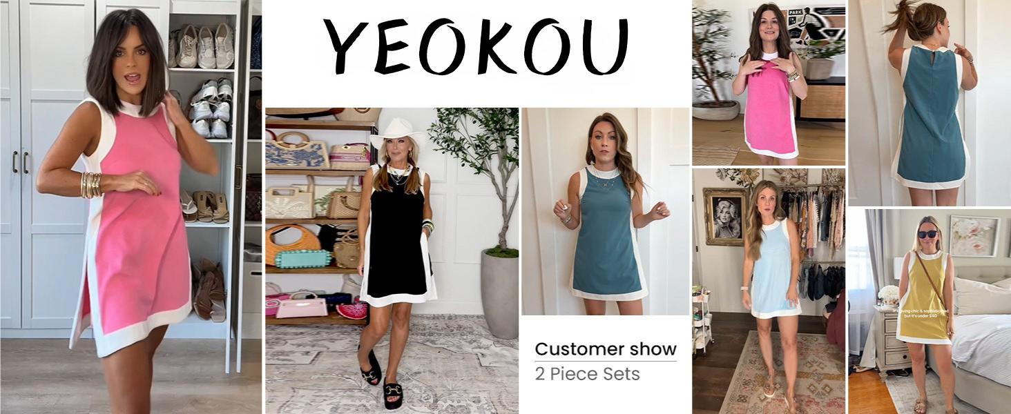 Yeokou Women's 2 Piece Outfits Sets Casual Color Block Crewneck Short Sleeveless Pullover Tops Matching Shorts with Pockets Womenswear Lightweight