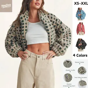 YeeZaa Women’s Cropped Sherpa Fleece Plaid Jacket 2025 TikTokShopHolidayHaul Christmas Long Sleeve Casual Chunky Teddy Fleece Outerwear TikTokShopBlackFriday Fall Winter Womenswear