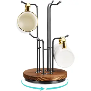 360° Rotating Mug Tree for Large Cups, Counter Coffee Mug Holder with 6 Hooks, Metal Coffee Cup Rack Stand for Countertop with Stable Wooden Base, Kitchen Counter Decor