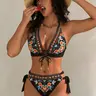 New Ethnic Style Floral Print Women's Bikini Set, Adjustable Push-Up Swim Top & Tie Side Swim Panty, Fashion Sexy Bathing Suit, Beach Resort Swimwear, Floral Print Bikinis, Bikini Set Swimsuit