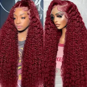 13x6 Burgundy Lace Front Wigs Human Hair Pre Plucked 99J Deep Wave Lace Front Wigs for Women 180 Density HD Lace Frontal 99J Red Colored Curly Wig Wet and Wavy Wigs Human Hair
