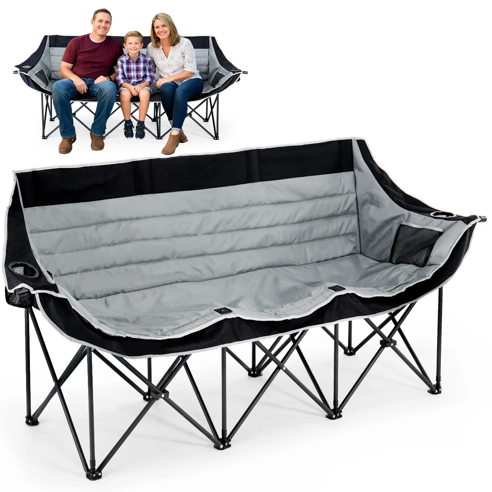 SLSY 3 Person Camping Chair, Oversized Folding Triple Chair with Cup Holders & Side Pocket, 990LBS Heavy Duty Portable Outdoor Chair for Camping Picnic Lawn
