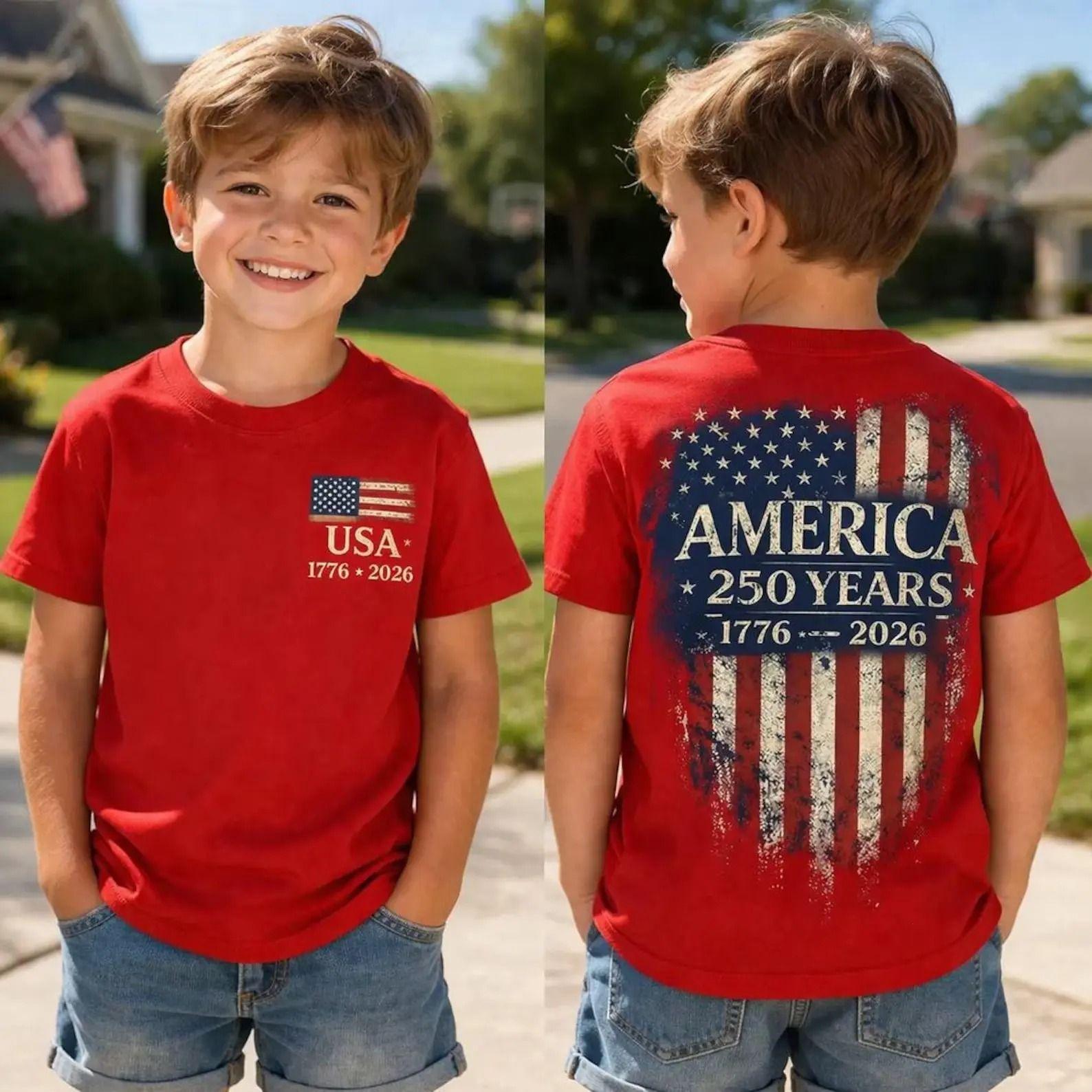 Youth & Adult America 250 Years Shirt, 1776 2026 USA Flag Tee, Patriotic Boys T-Shirt, Double Sided Red Tee for 4th of July USA-Made & Printed Apparel