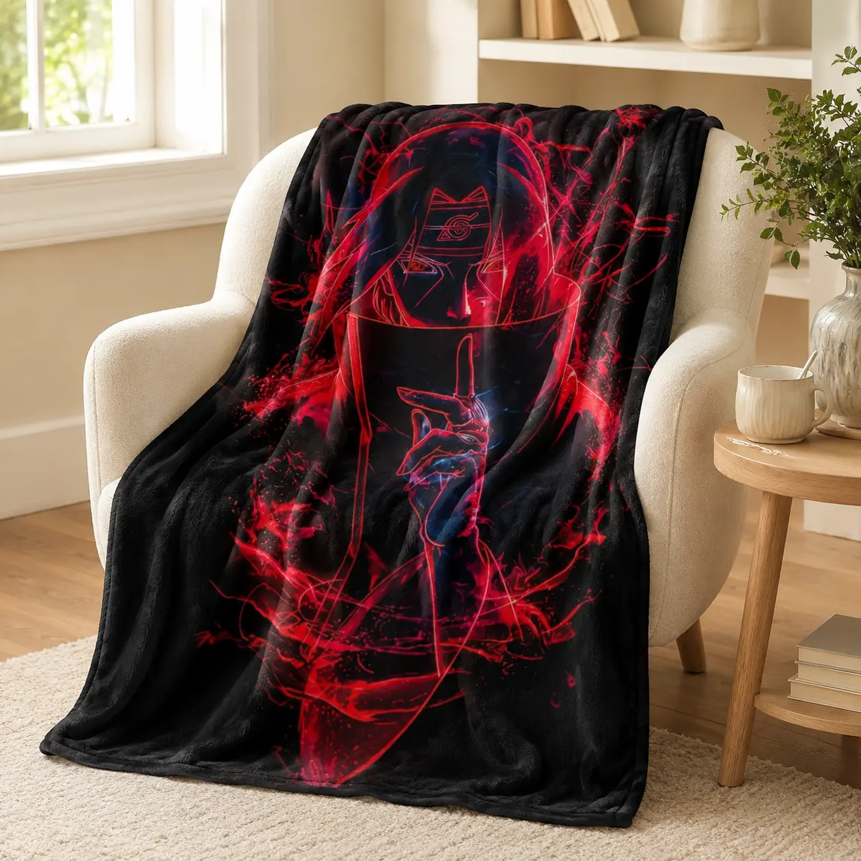 Red Black Anime Style Flannel Throw Blanket, Dark Shadow Ninja Graphic Soft Cozy Fleece Blanket, Japanese Inspired Bedroom Couch Gaming Room Decor, Gift for Anime Fans