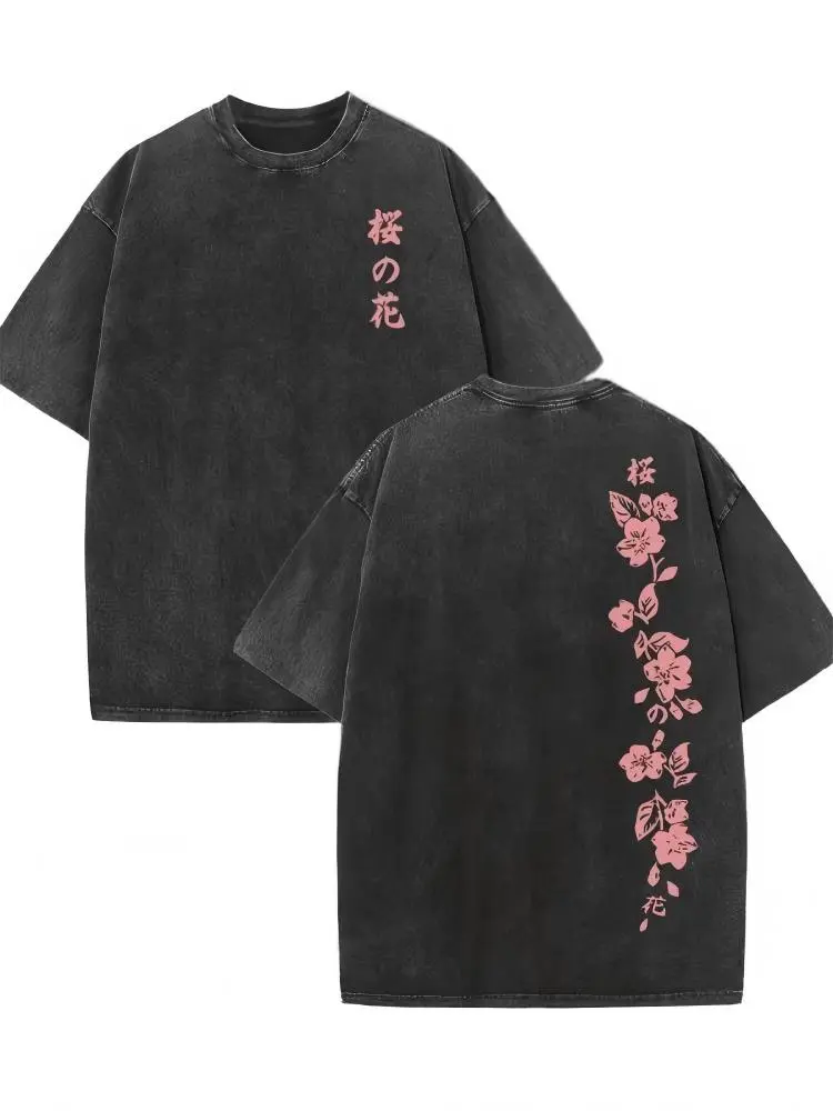 Japanese Cherry Blossom Double-Sided Cherry Blossom Pattern Print.  Short Sleeve Washed T-Shirt 230g Cotton Double-Sided Washed All-Matching Fashionable Retro Batik High y2k,Vintage,Streetwear Christmas gift,Thanksgiving gift,Cyber Monday graphic tees,sum