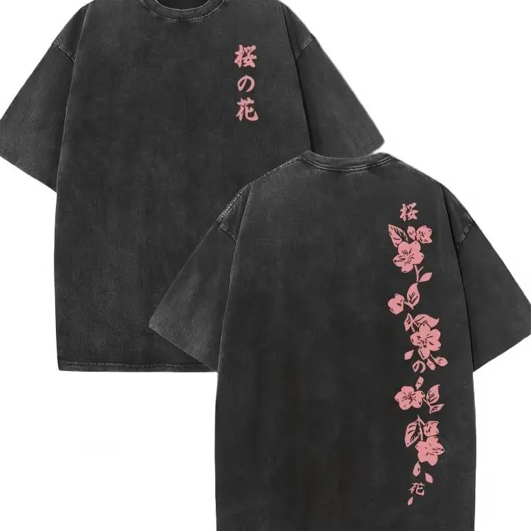 Women's 230g Washed Cotton Short-Sleeve Graphic T-Shirt - Japanese Cherry Blossom Floral Double-Sided Batik Print, Y2K 2000s Vintage Streetwear, Casual Breathable Clothes for Women, Black Blush Pink, Christmas Gift