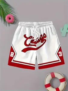 Chicago Letter Basketball Shorts, Colorblock Digital Print, Sporty Casual Shorts, Slim-Fitting Drawstring Waist, Short Length