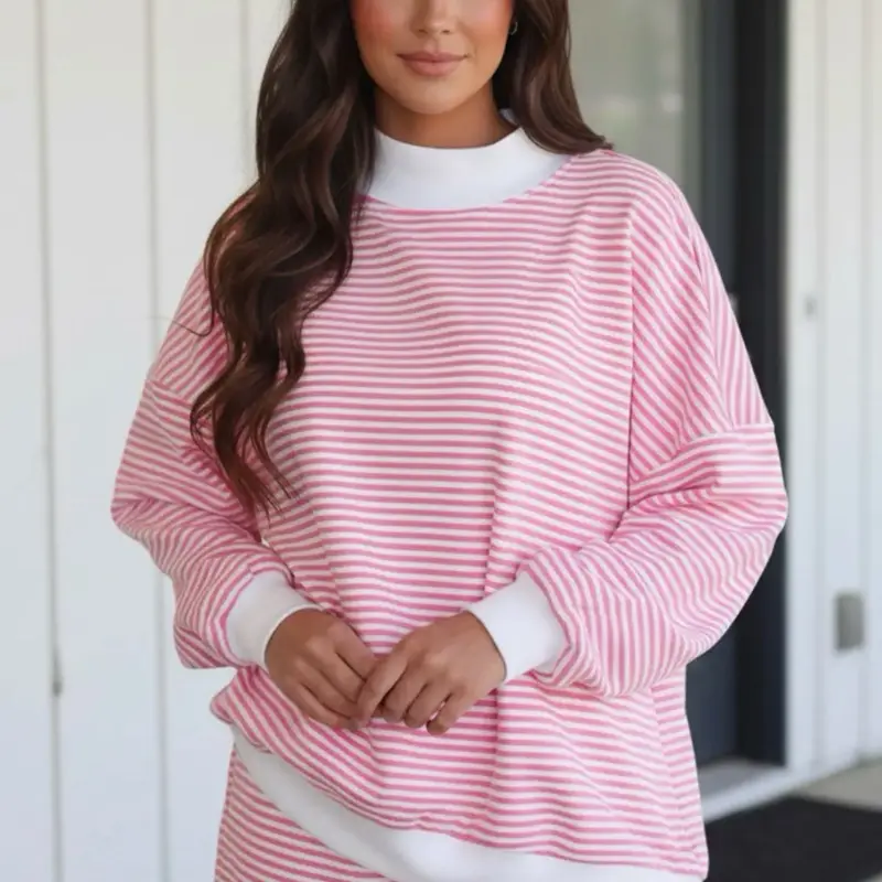 Pink & White Striped Long Sleeve Top with Collar and Pocket for Women Stylish Comfortable Versatile Outfit