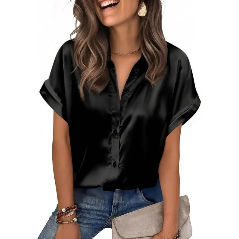 Women's Basic Silk Blouse - Minimalist Fitted Short Sleeve Button-Down for Business Casual Everyday Apparel, Fabrics, Breathable, Tops, Fitted Cut, Piece